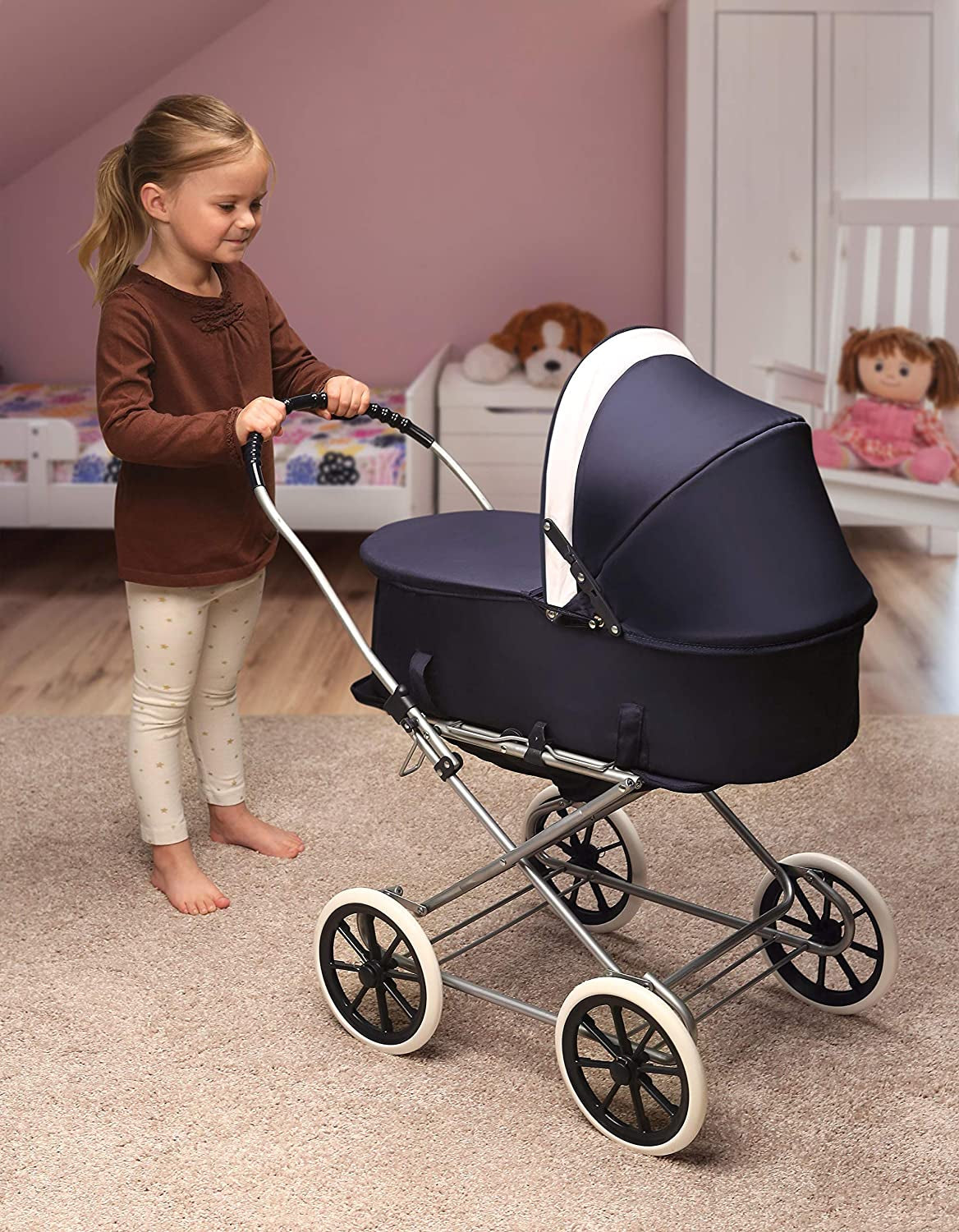 "Adorable 3-In-1 Doll Pram Stroller and Carrier - Perfect for Little Ones to Play Mommy - Fits 22 Inch Dolls - Navy/White Design"