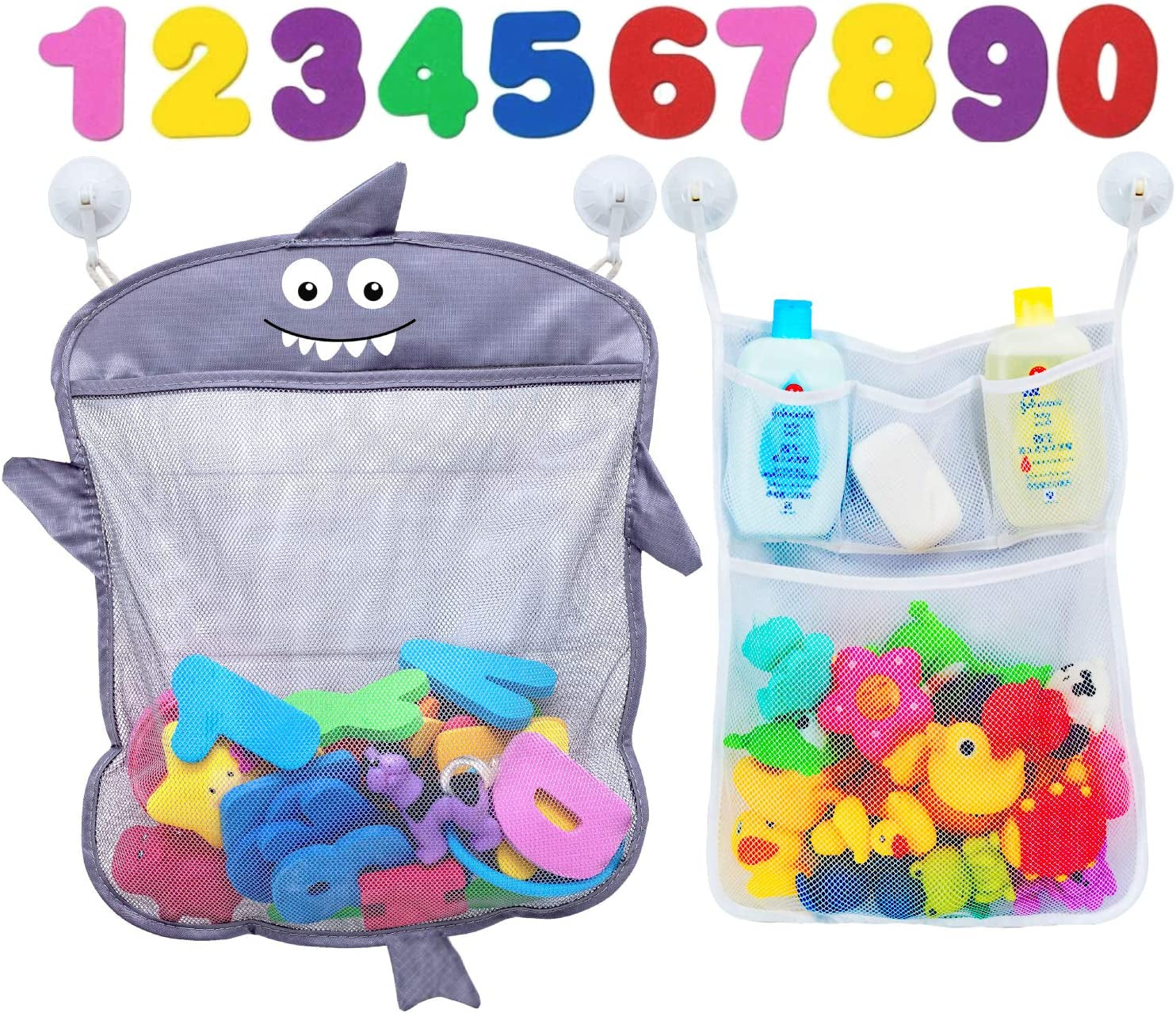 "Shark-Themed Bath Toy Organizer Set - Includes 2 Storage Nets, 8 Toy Numbers, and 10 Strong Hooks - Perfect Bath Net for Kids - Fun and Functional Bathtub Toy Organizer and Shower Caddy"