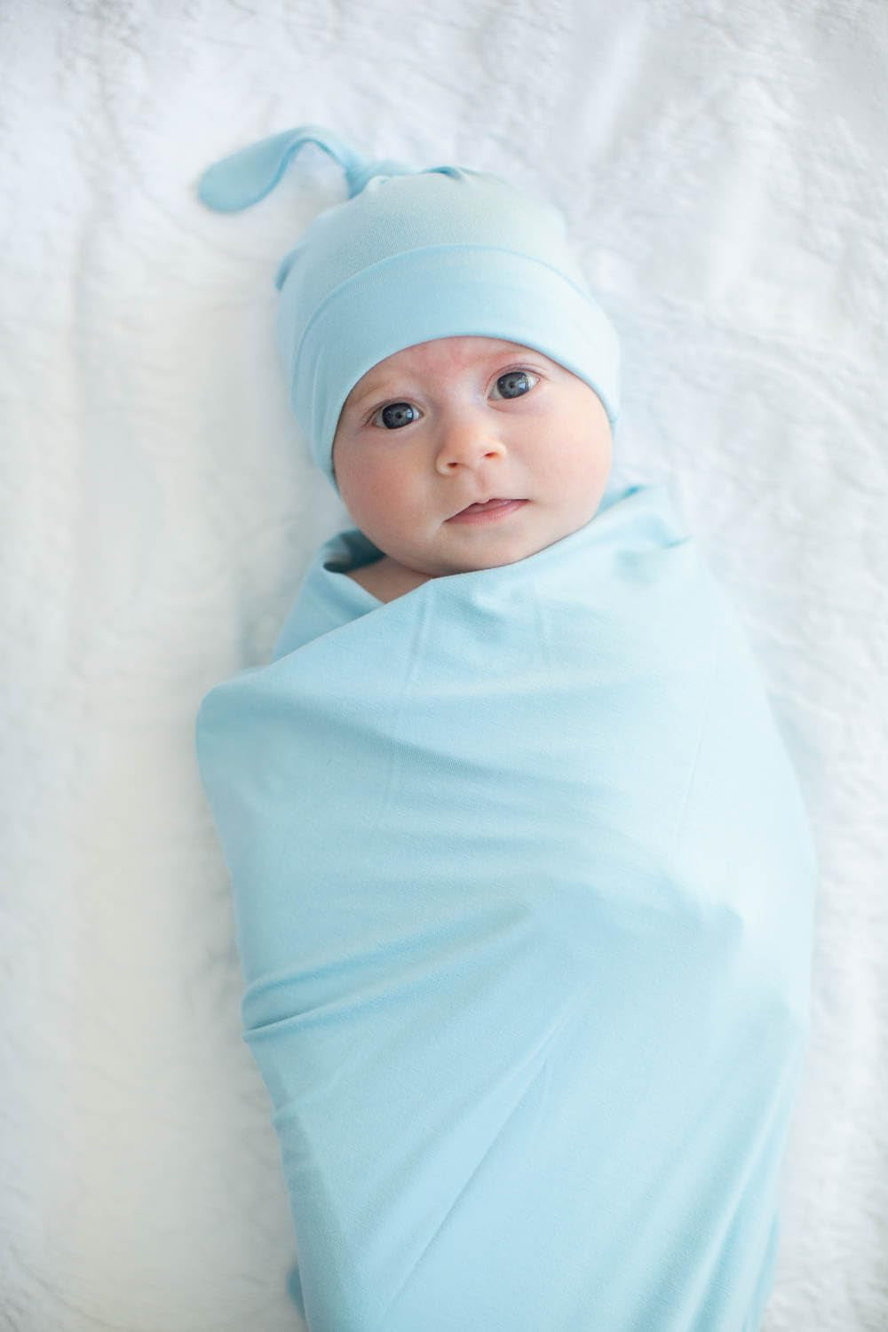 "Bundle of Joy: Adorable Newborn Swaddle Blanket Set with Coordinating Knotted Hat or Headband (Light Blue)"