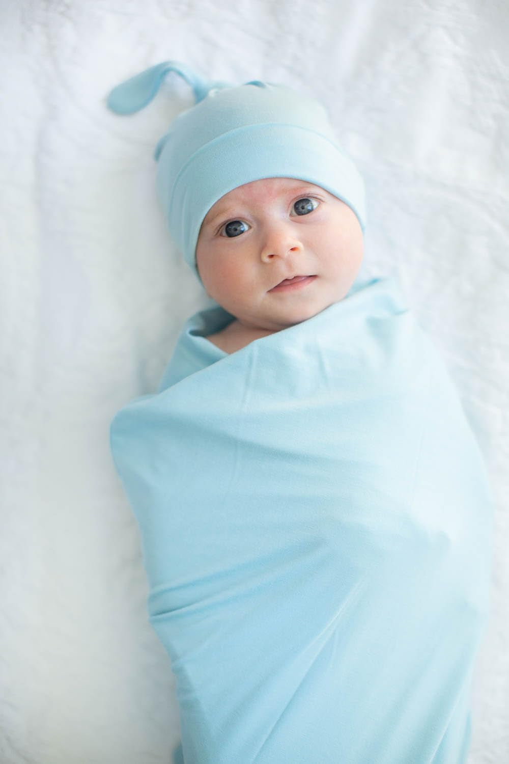 "Bundle of Joy: Adorable Newborn Swaddle Blanket Set with Coordinating Knotted Hat or Headband (Light Blue)"