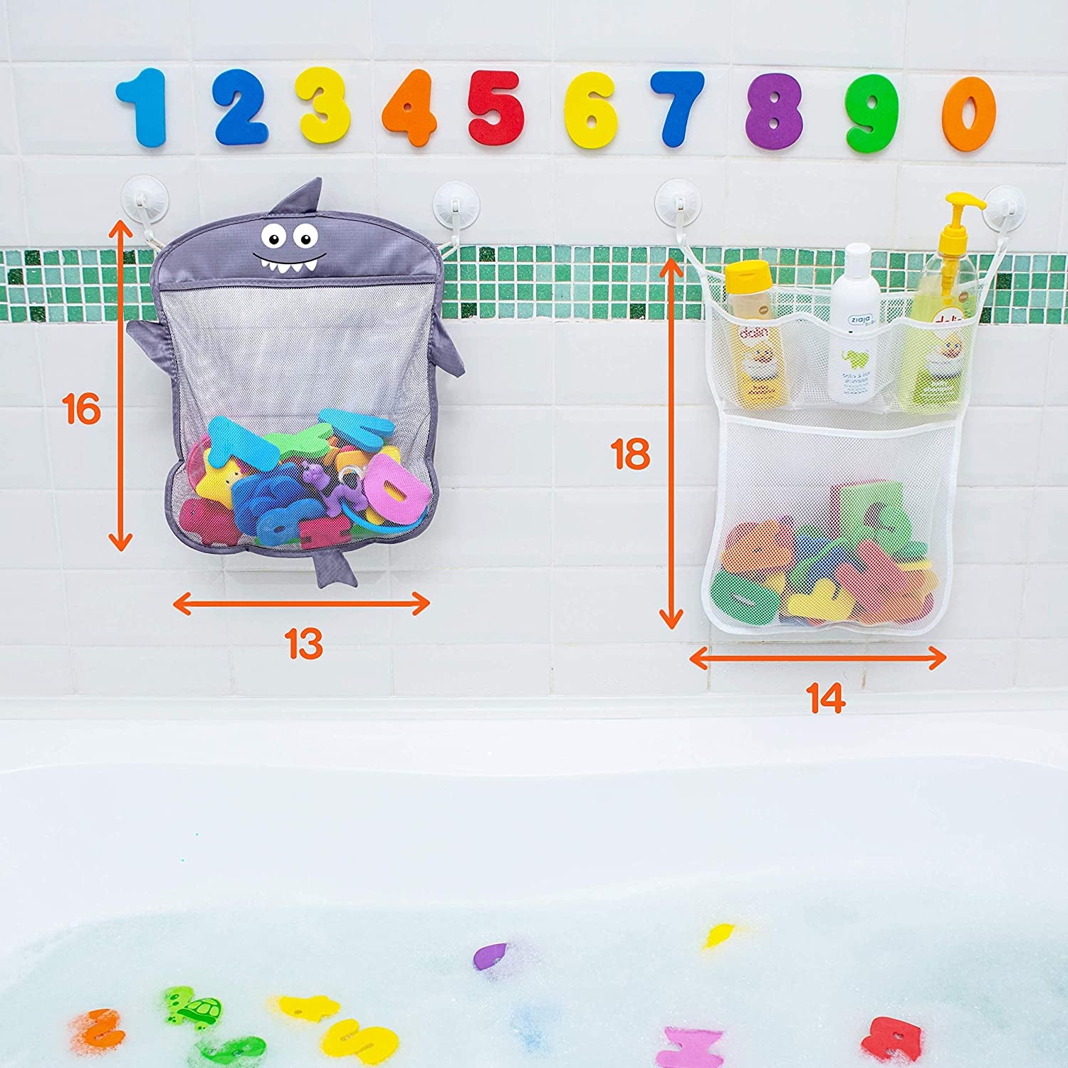 "Shark-Themed Bath Toy Organizer Set - Includes 2 Storage Nets, 8 Toy Numbers, and 10 Strong Hooks - Perfect Bath Net for Kids - Fun and Functional Bathtub Toy Organizer and Shower Caddy"