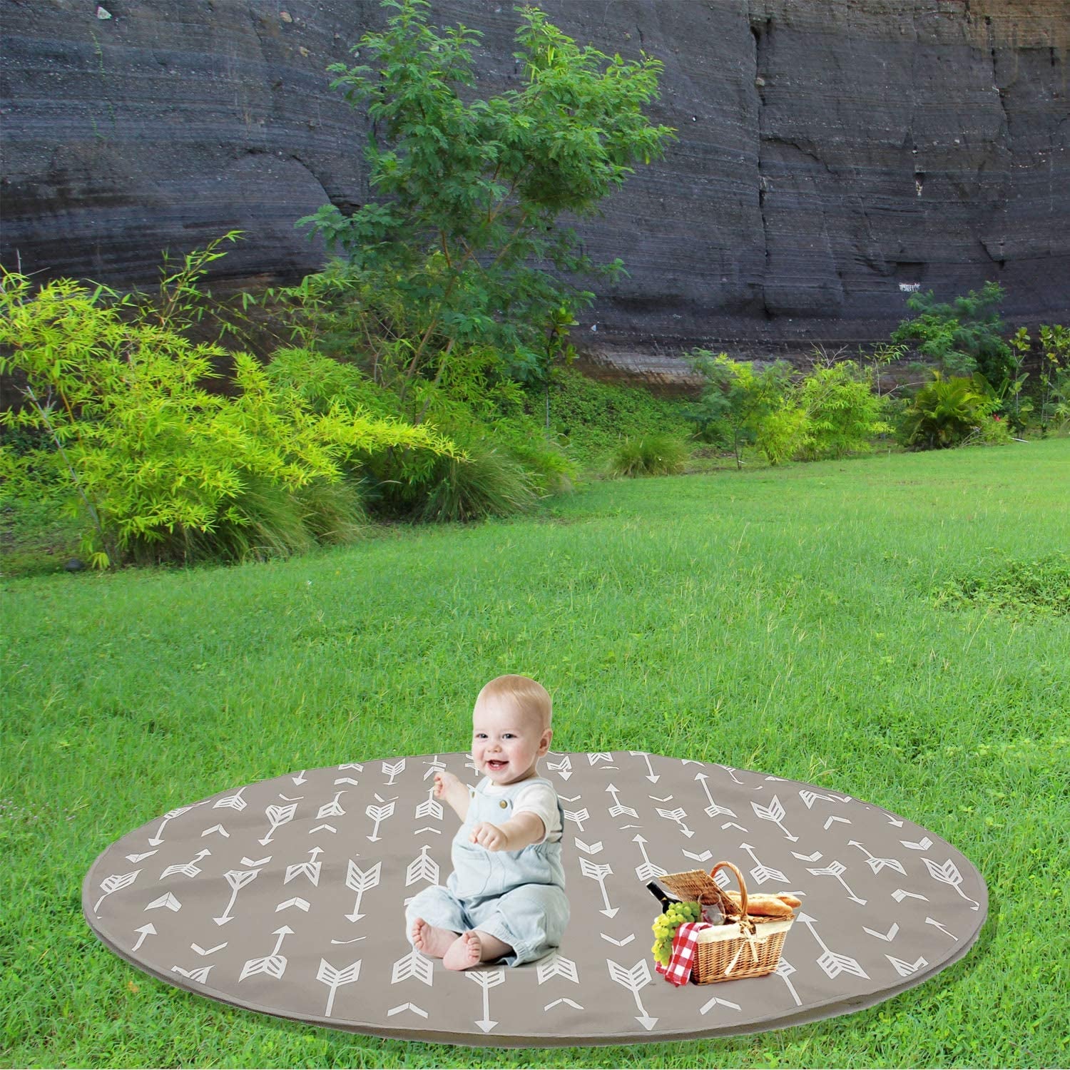 "Ultimate 51" Waterproof Baby Splat Mat - Versatile, Portable, and Stylish - Perfect for High Chairs, Playtime, and Messy Meals (Beige Arrow Design)"