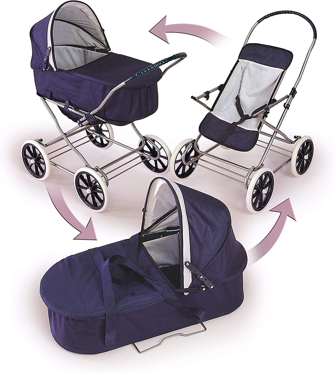 "Adorable 3-In-1 Doll Pram Stroller and Carrier - Perfect for Little Ones to Play Mommy - Fits 22 Inch Dolls - Navy/White Design"