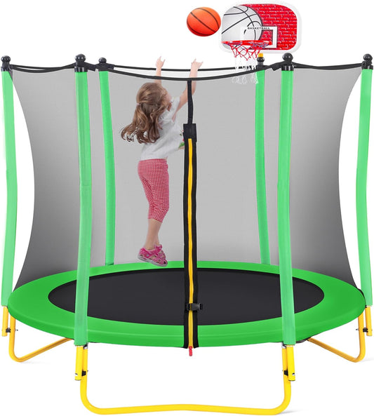 "Ultimate Fun Package: 66'' Trampoline for Kids with Basketball Hoop, Safety Net, and Bonus Rubber Ball - Perfect Indoor/Outdoor Birthday Gift for Kids Ages 1-8!"